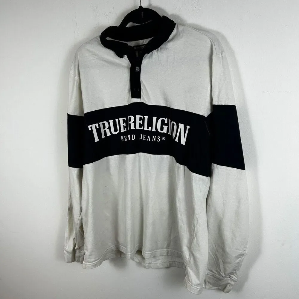True Religion Long Sleeve Shirt Mens XL White Black Rugby Polo Graphic Tee